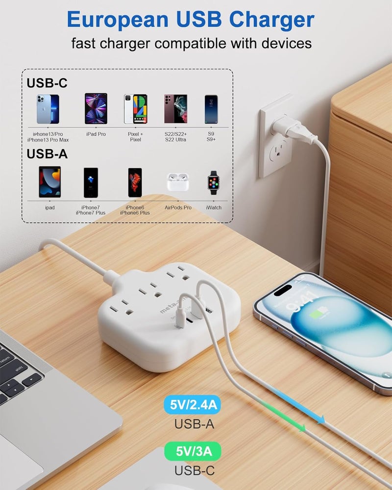 meta-ant European Travel Plug Adapter, International Power Adapter, US to UK Europe Power Strip for EU/UK/US with 2 USB C, 4 USB Ports, 3 AC Outlets, 5ft Extension Cord for Europe Germany France, White - Image 5