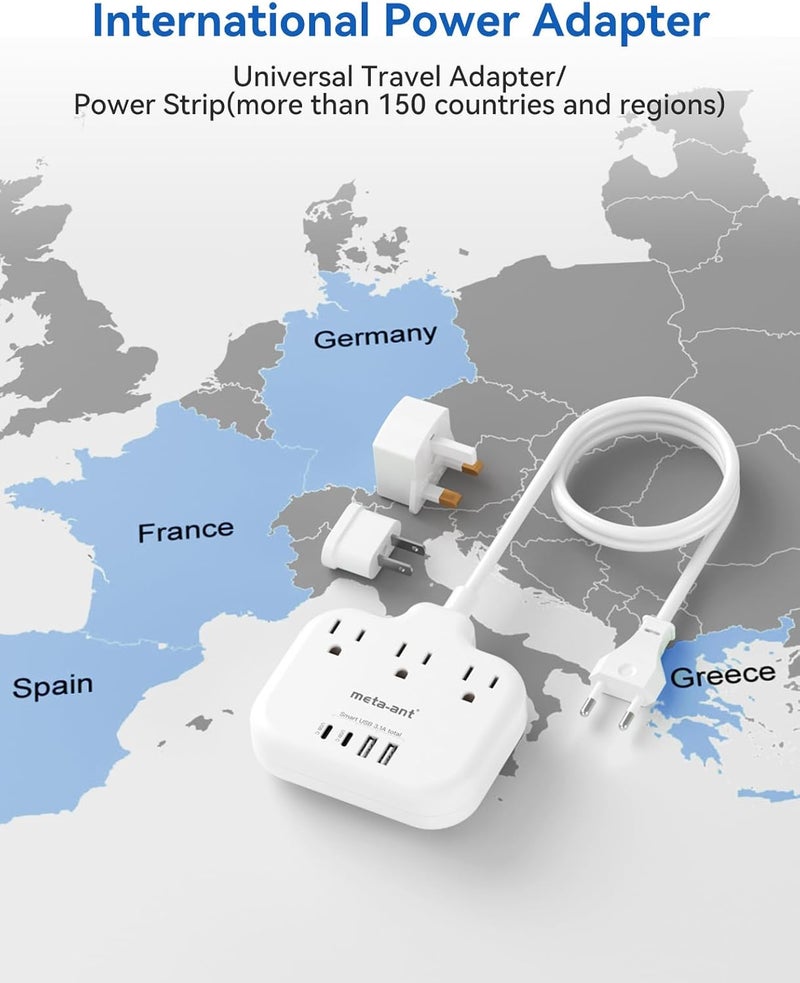 meta-ant European Travel Plug Adapter, International Power Adapter, US to UK Europe Power Strip for EU/UK/US with 2 USB C, 4 USB Ports, 3 AC Outlets, 5ft Extension Cord for Europe Germany France, White - Image 2