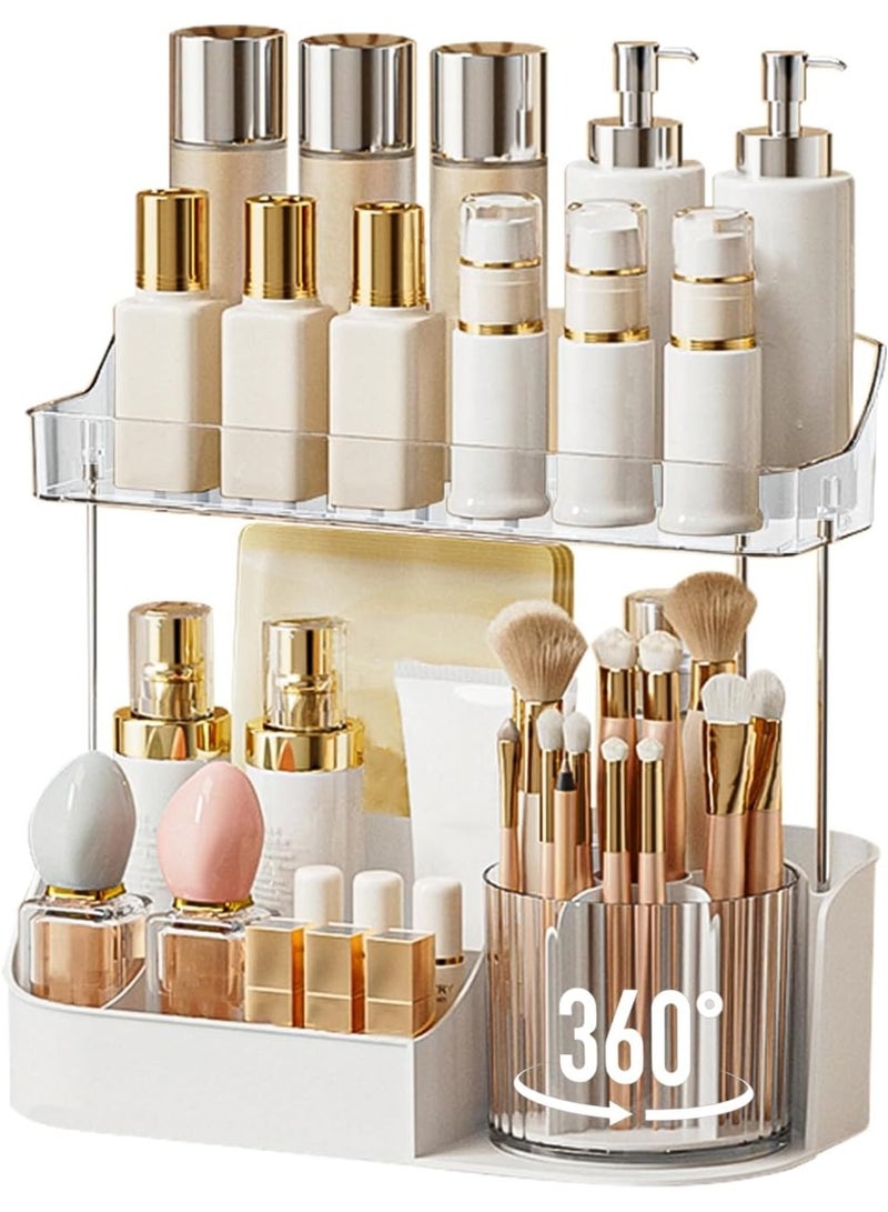 Bukela Large Capacity Makeup Organizer with 360° Rotating Makeup Brush Holder, Perfume and Skincare Storage Organizers for Vanity Bathroom Countertop, Cosmetic Display Case (White, 2 Tier) - Image 1