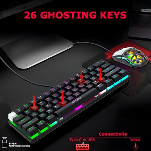 Ant Esports Thunder10, 60% Wired Mechanical Gaming Keyboard Mouse Combo, Anti-Ghosting Red Switch RGB Backlit Keyboard,5 Programable Buttons 3200DPI RGB Weight Honeycomb Mouse PC MAC_Carbon Black - Image 4