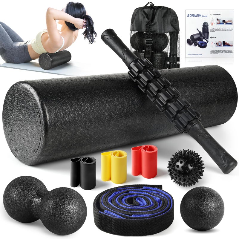 BORNEW 7 in1 Foam Roller Set for Deep Tissue Muscle Massager - High Density Back Roller, Muscle Roller Stick, Resistance Bands, Foot Massage Ball, Stretching Strap for Exercise, Whole Body Physical Therapy - Image 1
