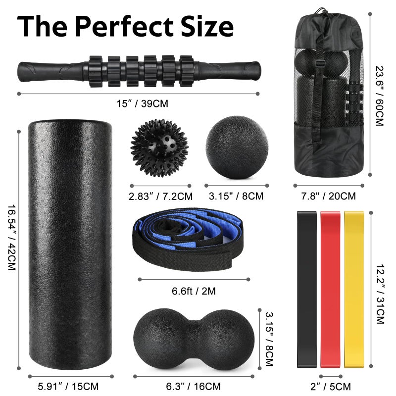 BORNEW 7 in1 Foam Roller Set for Deep Tissue Muscle Massager - High Density Back Roller, Muscle Roller Stick, Resistance Bands, Foot Massage Ball, Stretching Strap for Exercise, Whole Body Physical Therapy - Image 2