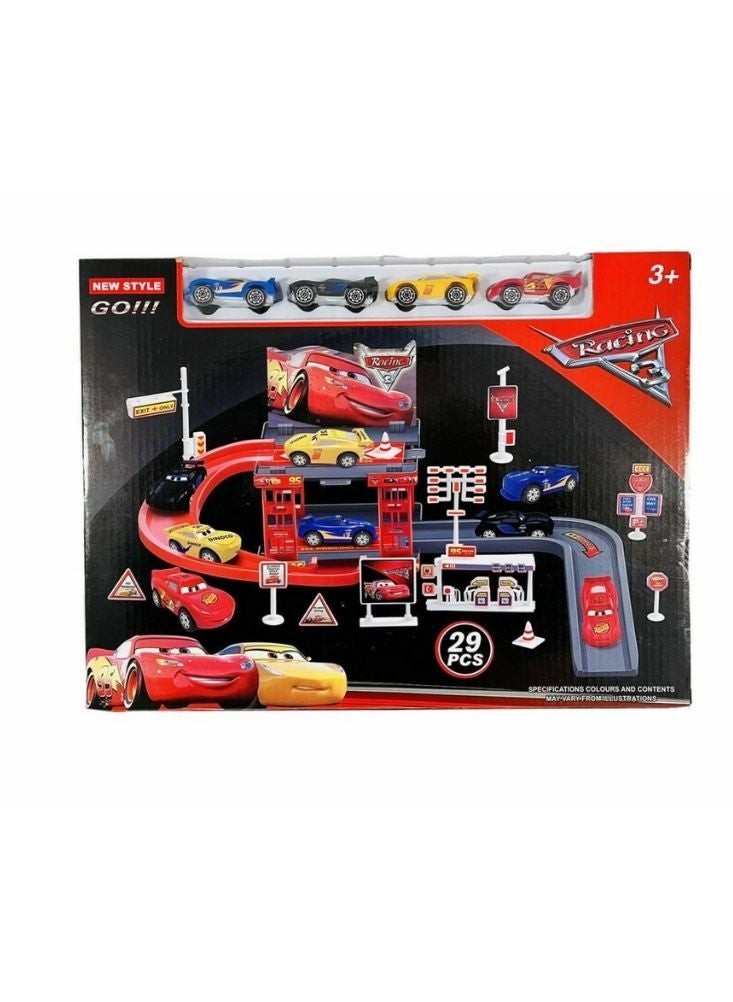 Premium Racing Car Parking Lot Playset with Mini Cars Tracks and Road Signs 29 Pieces - Image 1