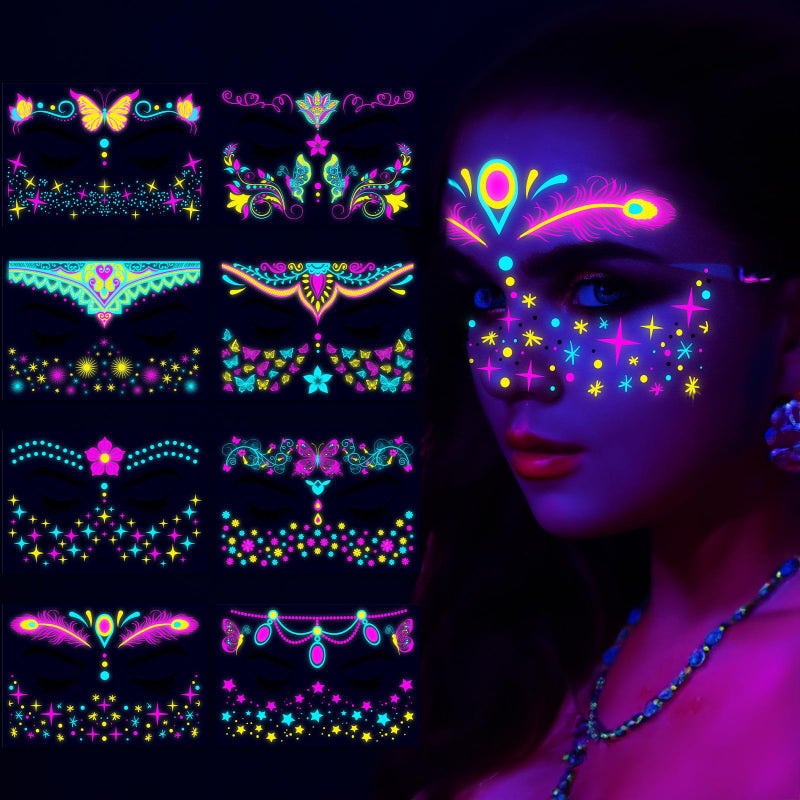 Tekalobr Glow in The Dark Tattoos Stickers, Fake Face Temporary Tattoos Makeup UV Neon Floral Body Paint Tattoo Stickers Decorations for Adults Women Festival Bar Party Supplies 8PCS - Image 1