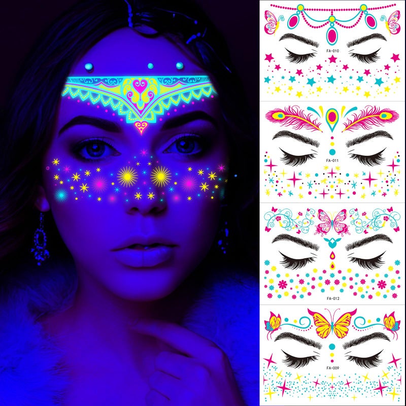 Tekalobr Glow in The Dark Tattoos Stickers, Fake Face Temporary Tattoos Makeup UV Neon Floral Body Paint Tattoo Stickers Decorations for Adults Women Festival Bar Party Supplies 8PCS - Image 5