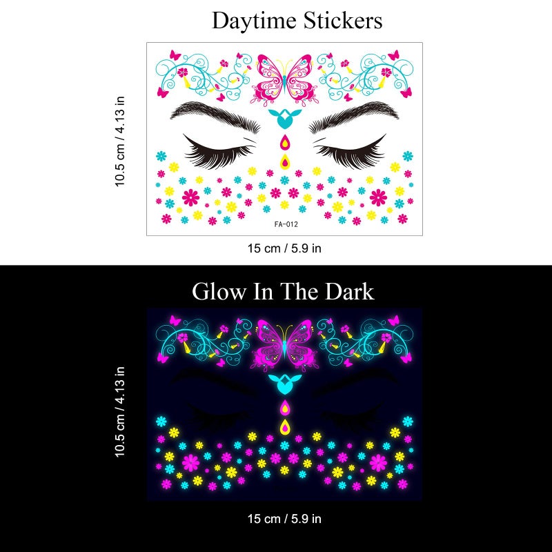 Tekalobr Glow in The Dark Tattoos Stickers, Fake Face Temporary Tattoos Makeup UV Neon Floral Body Paint Tattoo Stickers Decorations for Adults Women Festival Bar Party Supplies 8PCS - Image 3