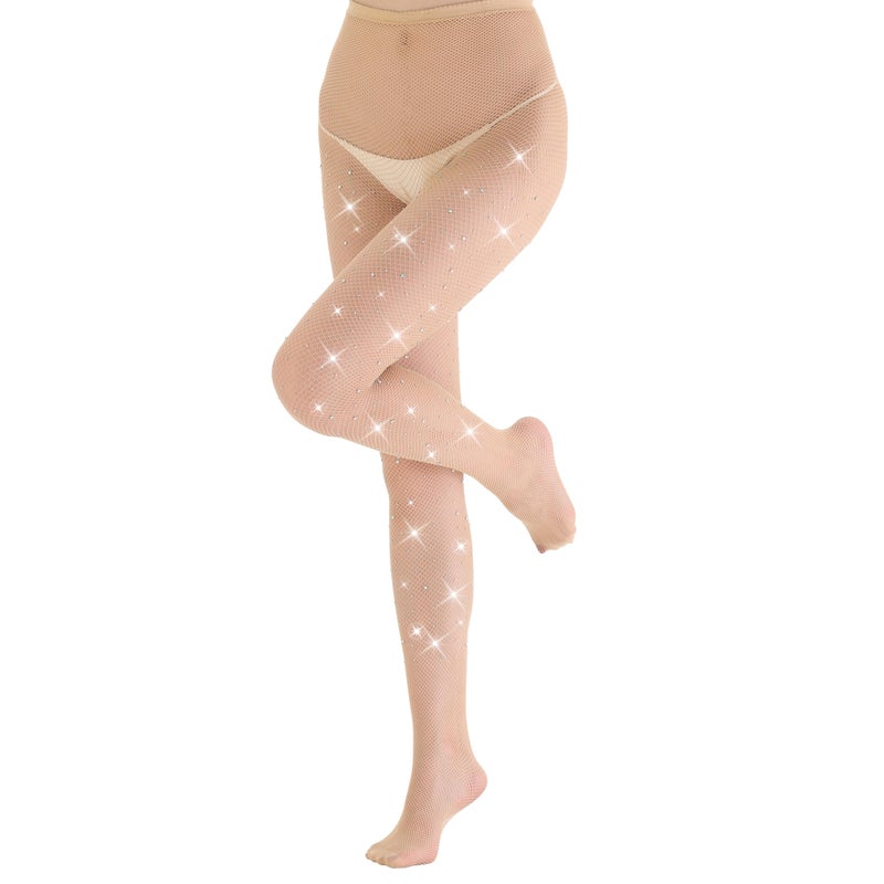 EVERSWE High Waist Fishnet Tights, Thigh High Suspender Stockings (Rhinestone R01-Nude, LXL) - Image 2