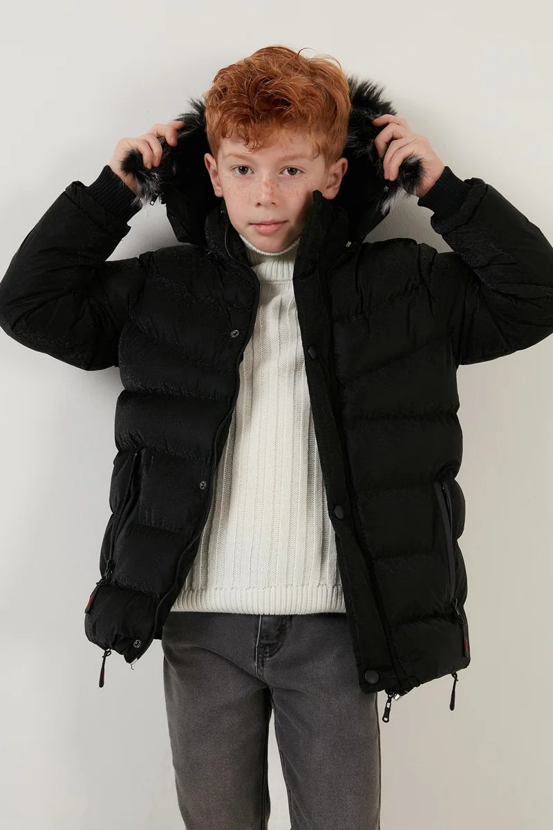 Lela Plush Lined Faux Fur Collar Removable Hooded Winter Coat Boys' Coat 5761906