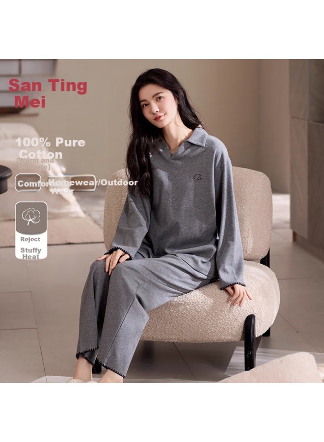 Gracewell Classic Gray Pure Cotton Long Sleeve Women's Pajamas Autumn Winter Homewear Outerwear Sleep Pants Plus Size Casual Set XL