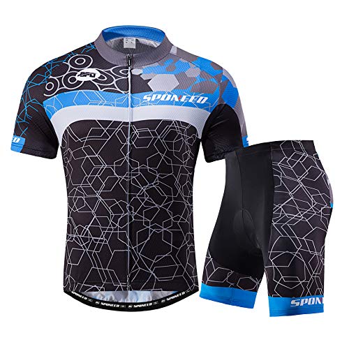 sponeed Cycling Outfit Men Sponeed Bicycle Jersey Camouflage Padded Shorts Biker Jerseys with Pocket US S Blue Multi - Image 1