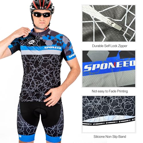 sponeed Cycling Outfit Men Sponeed Bicycle Jersey Camouflage Padded Shorts Biker Jerseys with Pocket US S Blue Multi - Image 3