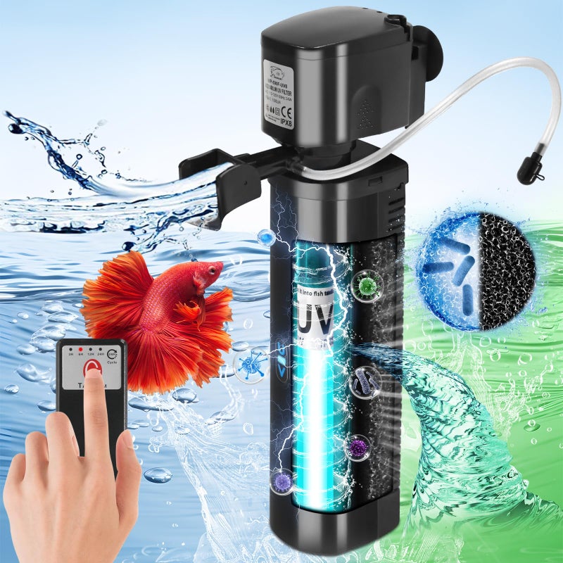 TARARIUM Aquarium U-V Filter 290GPH w/ Scientific Timer for 40-150 Gallon Fish Turtle Tank Internal Filter Bio Sponge Submersible Power Pump w/ Aeration Deodorization Saltwater Freshwater Green Clean Machine - Image 1