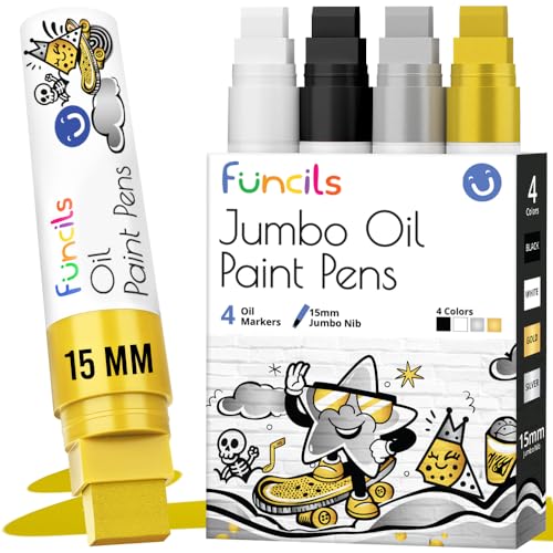 Funcils 15mm Jumbo Oil Based Paint Markers - Oil Paint Pens for Metal, Automotive Tire, Glass, Plastic, Fabric, Wood, Touch up - Waterproof Permanent Metallic Silver, Gold, White, Black Color (4 Pack) - Image 1