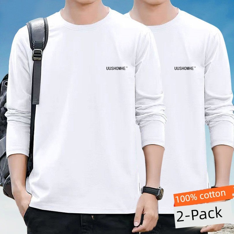100% pure cotton long-sleeved t-shirt for men's spring and autumn thin casual versatile outer wear thin autumn clothes inner wear round neck base shirt - Image 1