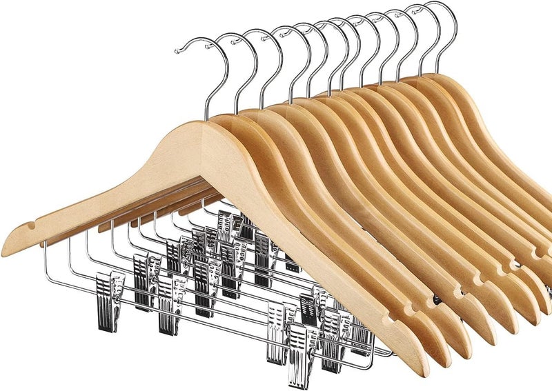 HOUSE DAY 12 Pack High-Grade Wooden Suit Hangers with Clips - Natural Finish - Image 1