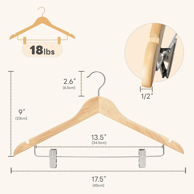HOUSE DAY 12 Pack High-Grade Wooden Suit Hangers with Clips - Natural Finish - Image 3