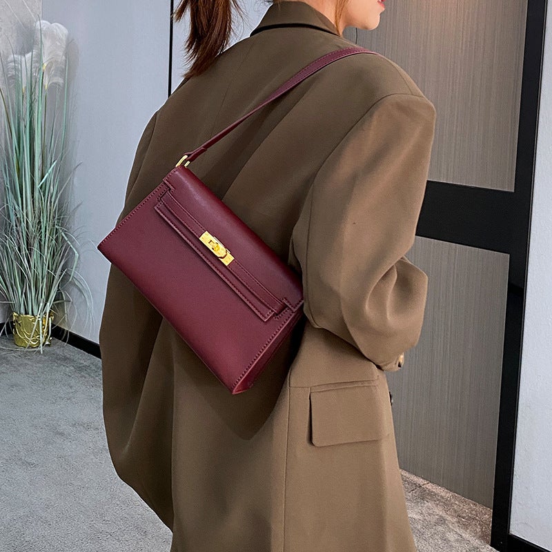 Textured Messenger Bag Genuine Leather Vintage Kelly Bag For Women High-Grade Versatile Underarm Bag Commuter Messenger Bag - Image 2