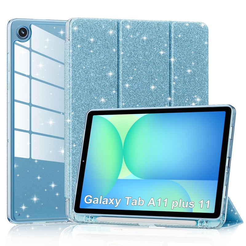 Lainergie Case for Samsung Galaxy Tab A11+/A9+ Plus 11 Inch 2026/2023, Cute Glittering Sparkly Shockproof Cover with Sparkly Crystal Clear Back and Pencil Holder for Galaxy Tab A11+/A9+, Blue - Image 1