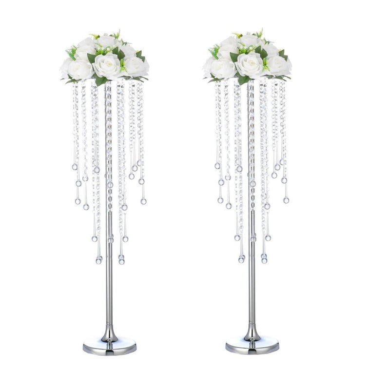 2 Pcs 295 inches Crystal Flower Stand Wedding Centerpieces for Tables Tabletop Silver Metal Flower Arrangement Holder Bulk Metal Vases for Reception Ceremony Decoration