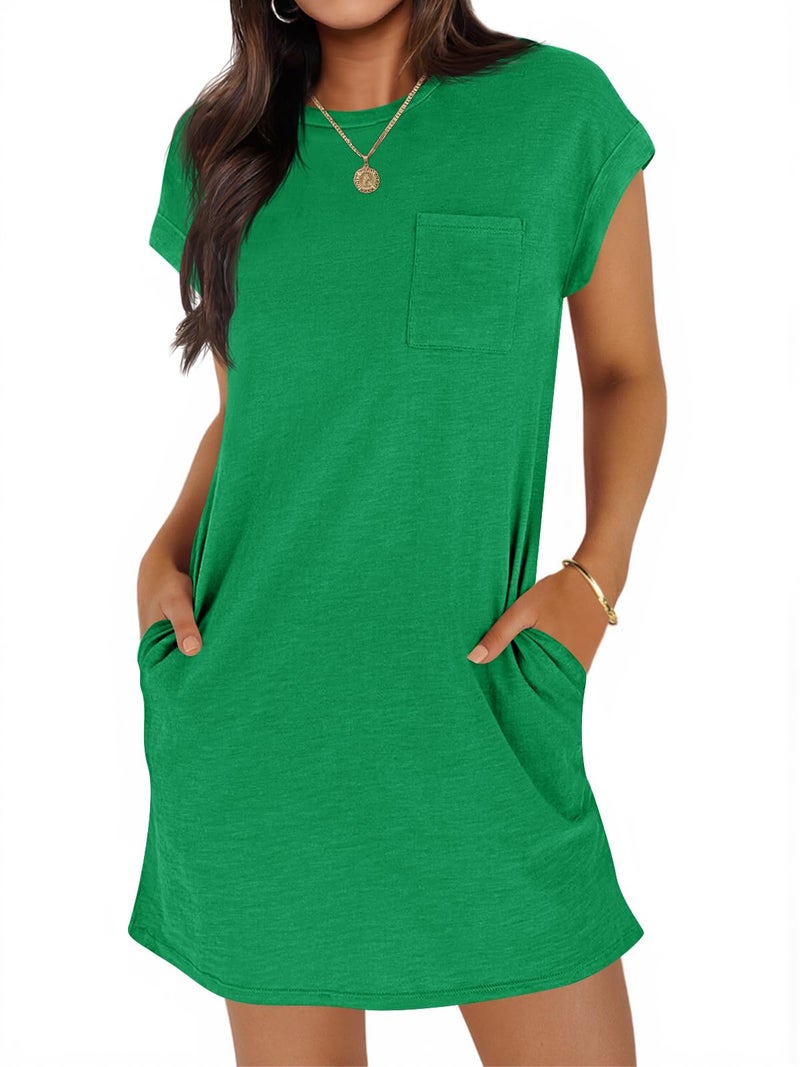 Wenrine Women's Summer T Shirt Dress Casual Short Sleeve Crewneck Loose Fit Mini Dresses with Pockets Green - Image 1