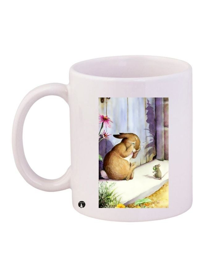 RYN Rabbit Printed Ceramic Coffee Mug White/Blue/Brown 11ounce