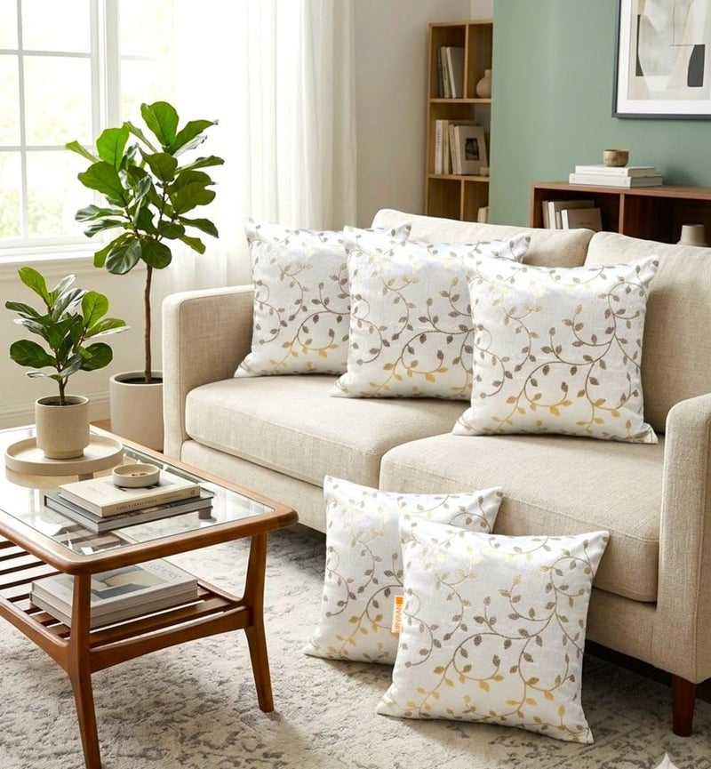 Urvaan Velvet Floral Cushion Covers, 18 X 18 Inch, Set of 5, White Golden - Image 1