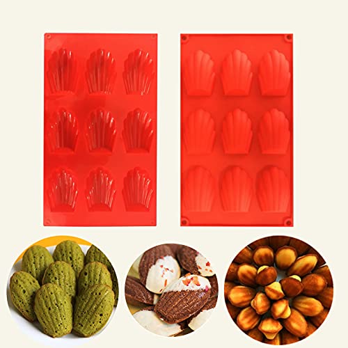 HYCSC 9 Cavity Madeleine Pan, 2Pcs Nonstick Silicone Madeleine Molds, Shell Shape Baking Cake Mold Pan(Red) - Image 1