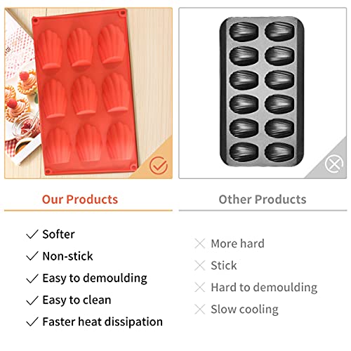 HYCSC 9 Cavity Madeleine Pan, 2Pcs Nonstick Silicone Madeleine Molds, Shell Shape Baking Cake Mold Pan(Red) - Image 3