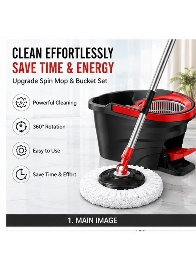 EXCLIFE Household all-in-one mop set with rotating water absorption, hands-free cleaning, flat mop head, and bucket (mop bucket + reinforcing rod + metal basket + 2 mop heads) - Image 2