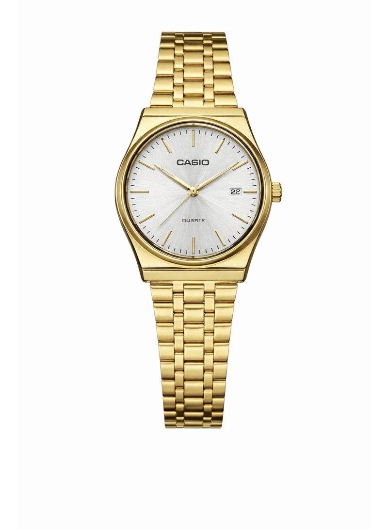 ساعة كاسيو كوارتز من الفولاذ المقاوم للصدأ باللون الذهبي - مينا أبيض مع عرض التاريخ