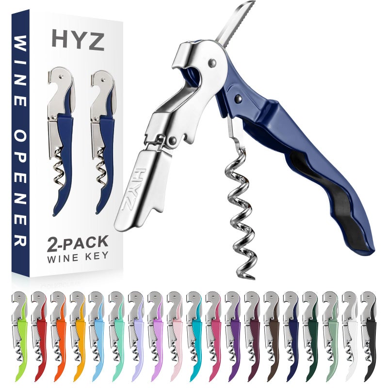 HYZ 2Pack Wine Opener Waiter Corkscrew Professional Wine Key for Servers Bartender with Foil Cutter Manual Wine Bottle Opener Double Hinged Navy Blue