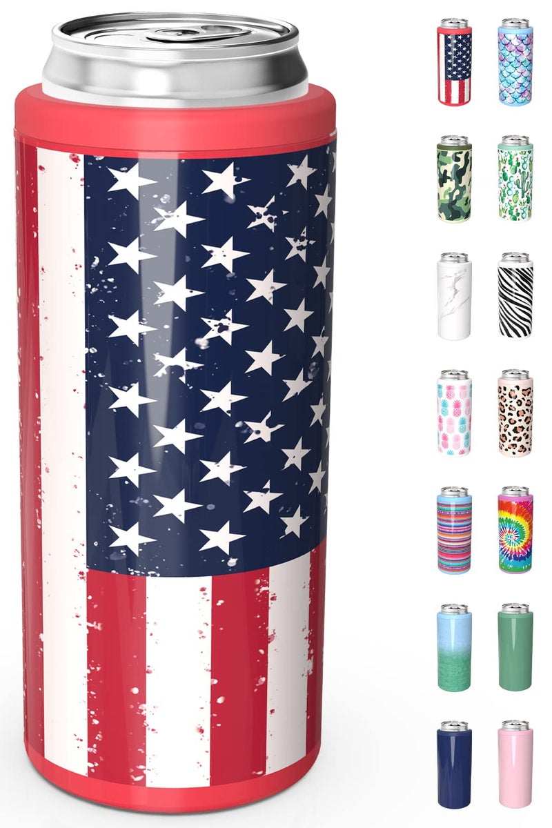 TILUCK Skinny Can Cooler for Slim Beer & Hard Seltzer, Stainless Steel, Doucle-Walled Stainless Steel Insulated Slim Cans, Standard 12 oz (U.S. Flag-01) - Image 1
