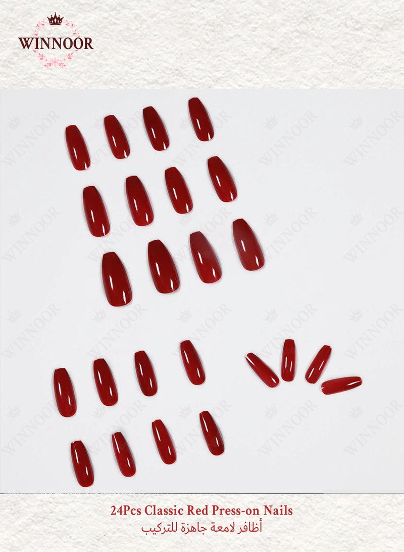 وينور مجموعة 24 قطعة أظافر صناعية حمراء كلاسيكية، لمعة فرنسية - Image 2