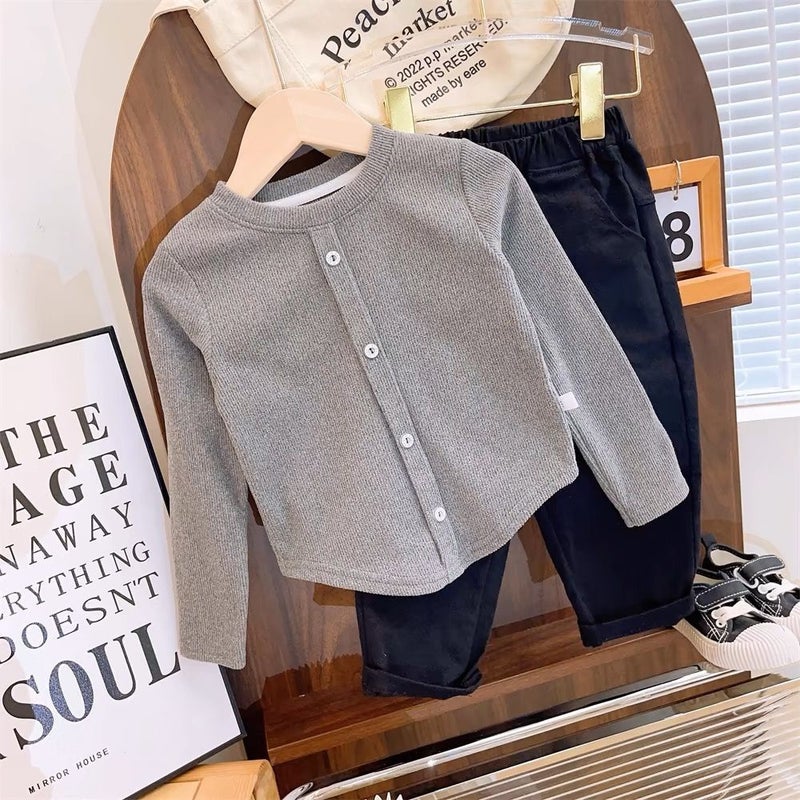 Women'S Children'S Wear T-Shirt Baby'S Western Style Children'S Personality Trendy Korean Button Irregular Solid Color Base Shirt Top - Image 3