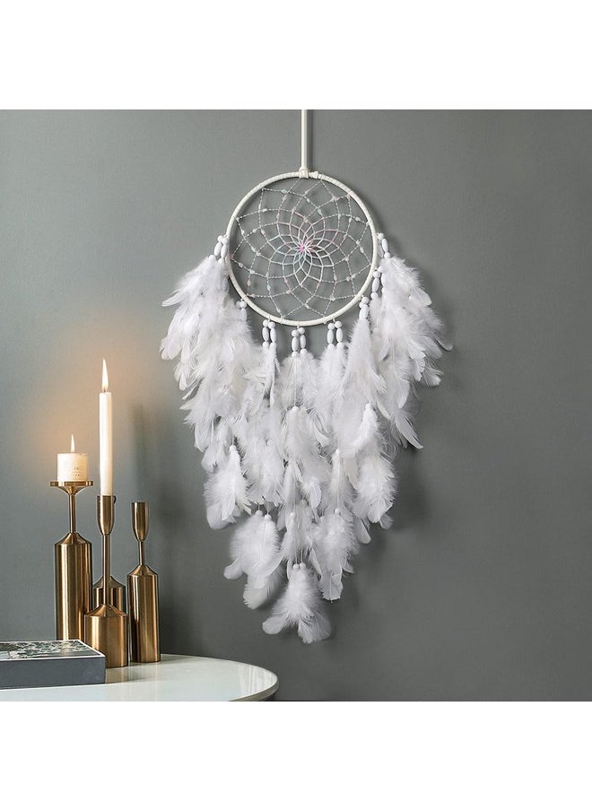 Dremisland Dremisland White Feathers Dream Catcher Wall Hanging Elegant Wall Art Room Decoration for Windows Balcony Bedroom Wedding Party Gift for Girls and Kids(No Light)  - Image 1