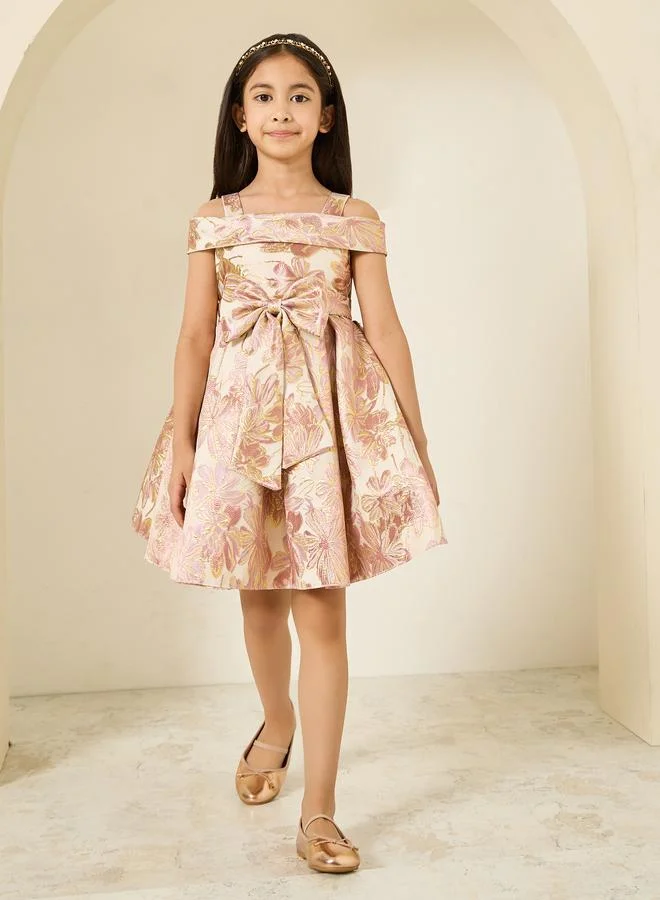 Styli Girls Floral Jacquard A-Line Pleated Dress