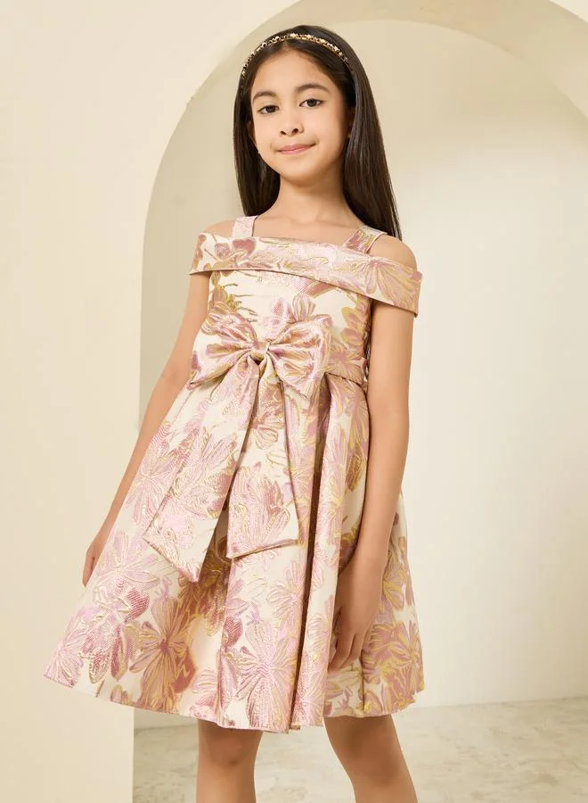 Styli Girls Floral Jacquard A-Line Pleated Dress