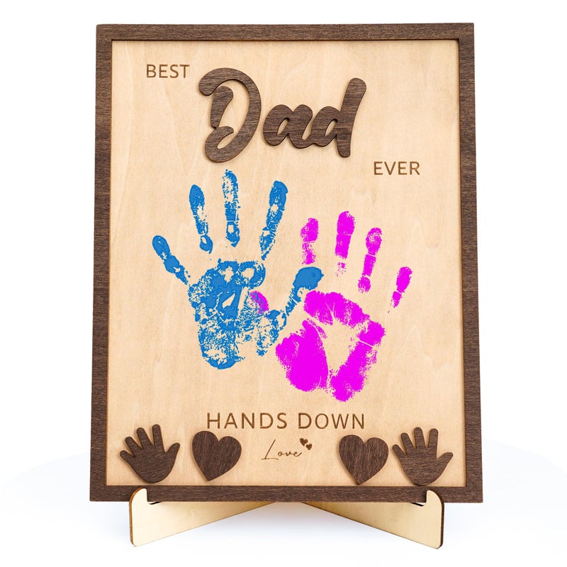 NELXI Best Dad Ever Gifts, Gifts for Dads, Handprint, Family Handprint Kit, Personalized Wooden Picture Frame, Sentimental Keepsake from Kids, Toddlers, Papa, Bonus Dad, Grandparents Decor - Image 1