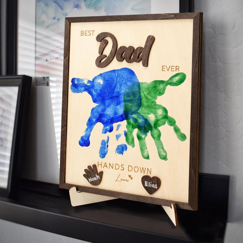NELXI Best Dad Ever Gifts, Gifts for Dads, Handprint, Family Handprint Kit, Personalized Wooden Picture Frame, Sentimental Keepsake from Kids, Toddlers, Papa, Bonus Dad, Grandparents Decor - Image 4