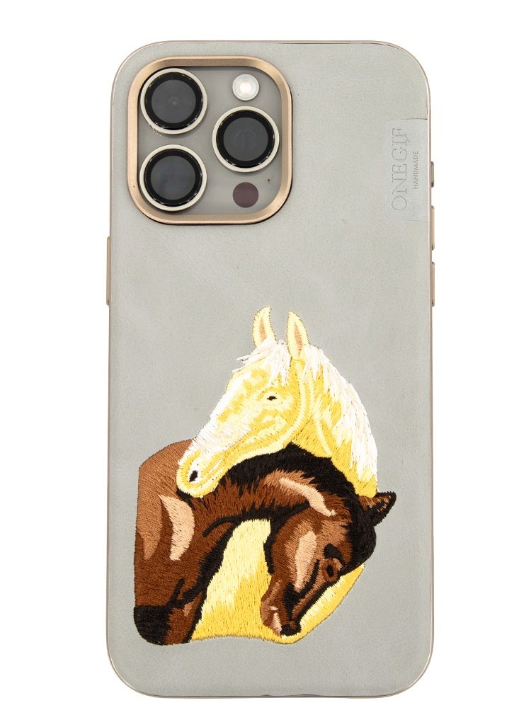 Generic iPhone 15 Pro Max Case with Handmade Horse (Hugging) Artwork, Surrounding Protection - Grey  - Image 1