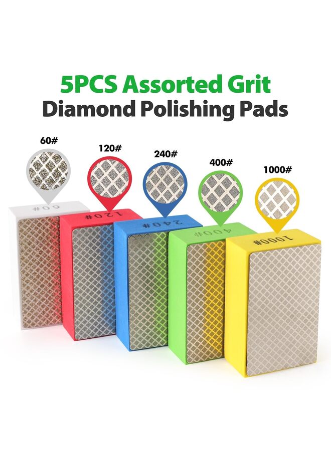 5 Pcs Diamond Hand Polishing Pads, Diamond Sanding Pads 60/120/240/400/1000 Grit Sanding Block Foam Backing for Tile Glass Stone Marble Granite Ceramics Metal Wet&Dry - Image 2