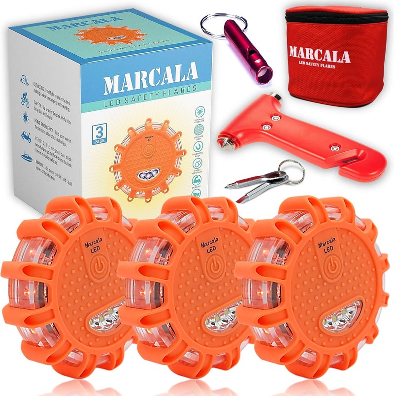 Marcala 3-Pack Emergency Lights for Vehicles | DOT Compliant Emergency Flares for Car with Batteries, Whistle & Case | LED Road Flares | Emergency Roadside Lights | Drive and Feel Safer on the Road! - Image 1