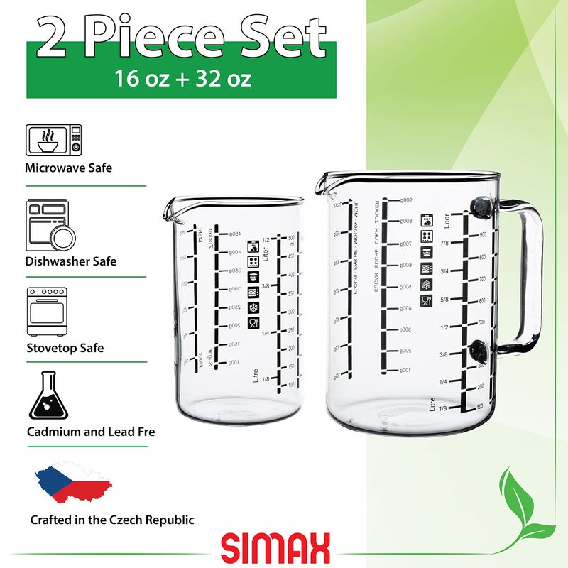 Simax Glass Measuring Cup, Durable Borosilicate Glass, Pack of 2 includes 32 oz and 16 oz Easy to Read Metric Measurements in Liter, Milliliter, Ounce, Sugar Grams, Drip Free Spout, Microwave Safe - Image 3