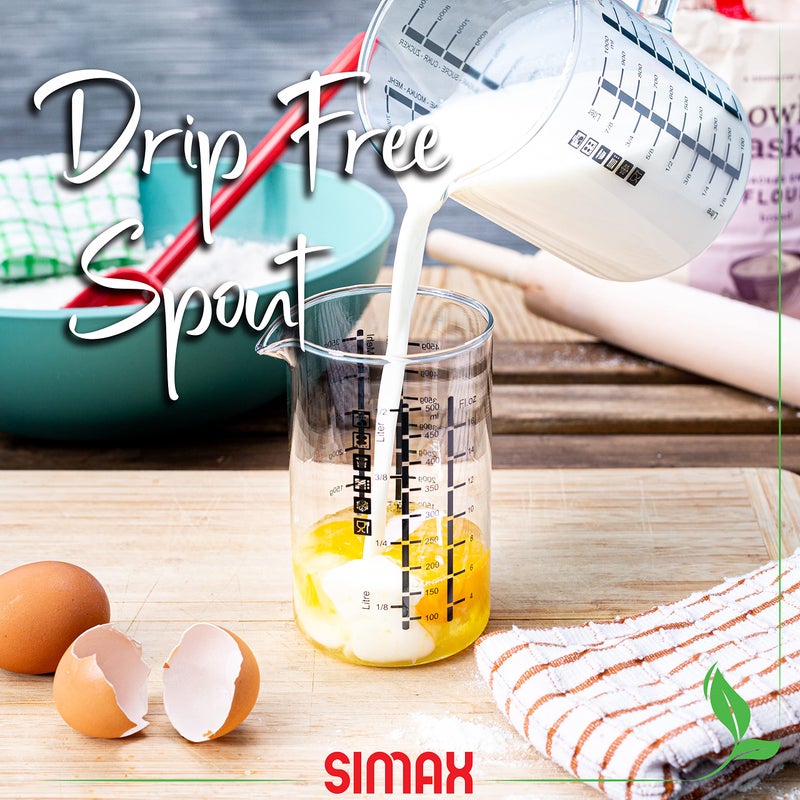 Simax Glass Measuring Cup, Durable Borosilicate Glass, Pack of 2 includes 32 oz and 16 oz Easy to Read Metric Measurements in Liter, Milliliter, Ounce, Sugar Grams, Drip Free Spout, Microwave Safe - Image 5