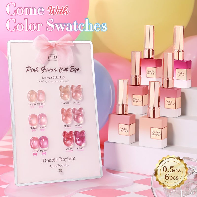 Double Rhythm Cat Eye Gel Nail Polish Set of 6 Same Color Same Bottle 0.5 Oz Shimmer Glitter with Magnet Holographic Reflective Magnetic UV Nail Polish Kit at Home (Glass Nude Pink Rose-T6-45) - Image 2