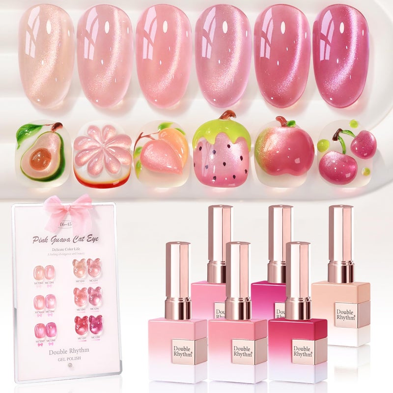 Double Rhythm Cat Eye Gel Nail Polish Set of 6 Same Color Same Bottle 0.5 Oz Shimmer Glitter with Magnet Holographic Reflective Magnetic UV Nail Polish Kit at Home (Glass Nude Pink Rose-T6-45) - Image 1