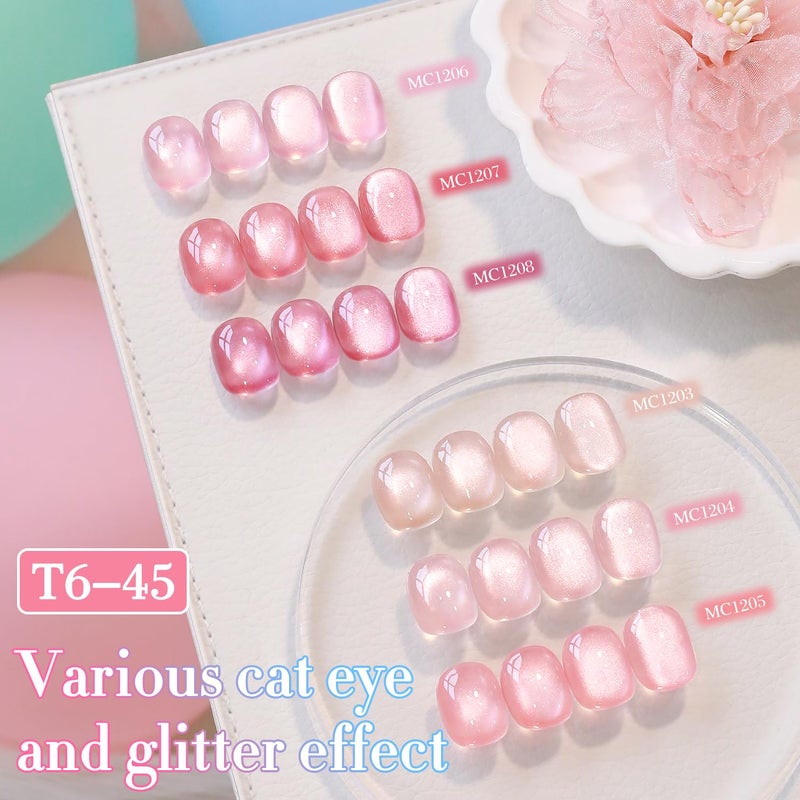 Double Rhythm Cat Eye Gel Nail Polish Set of 6 Same Color Same Bottle 0.5 Oz Shimmer Glitter with Magnet Holographic Reflective Magnetic UV Nail Polish Kit at Home (Glass Nude Pink Rose-T6-45) - Image 5