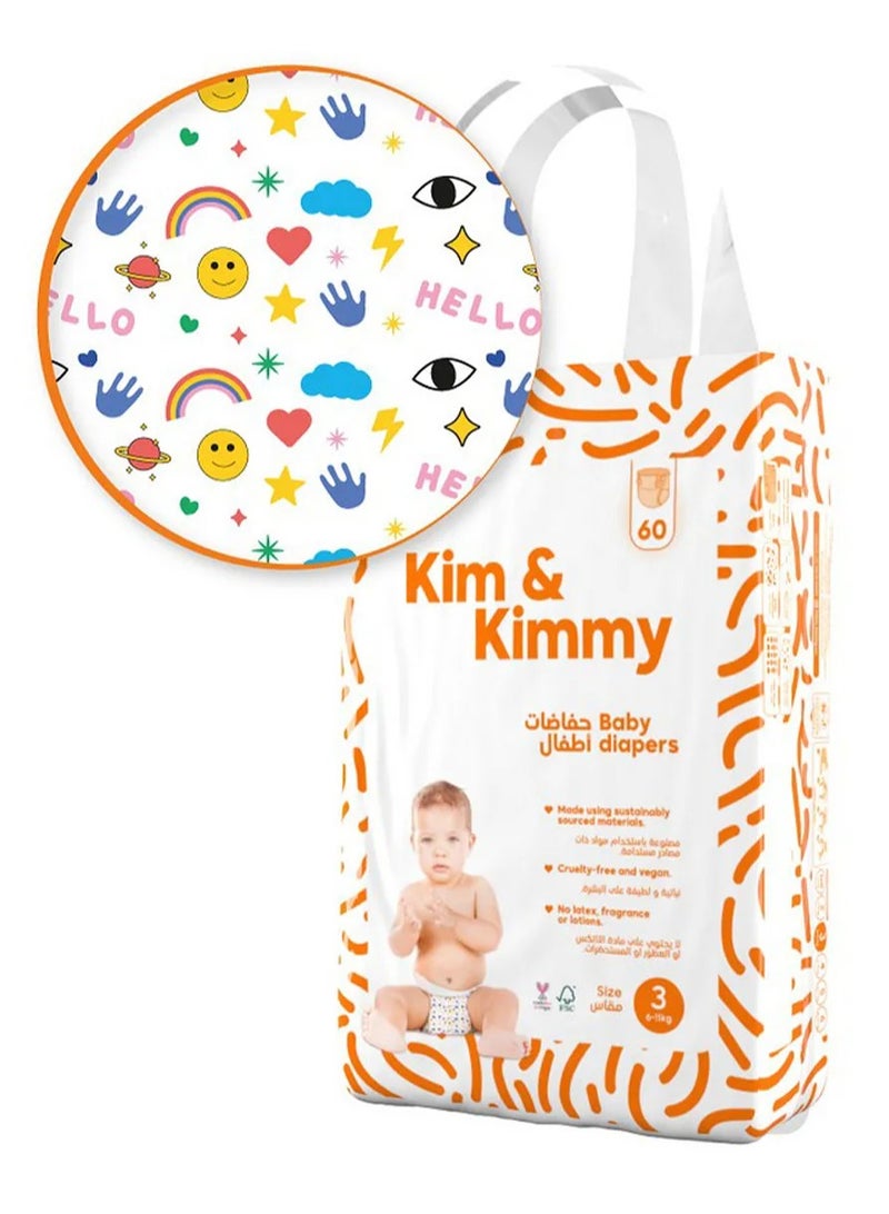 Kim & Kimmy Funny Icons Tape Style Diapers, 60 Pieces, Size 3, 6 to 11kg - Ultra Thin and Soft, Leak Protection