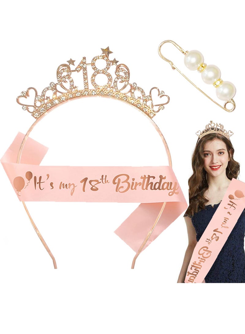 Excefore Birthday Girl Headband, Birthday Crown Tiara and Sash, Rose Gold Crystal Crown Set, Pearl Pins, Birthday Girl Headband Birthday Gifts for Women, Sweet Happy Birthday Accessories - Image 4