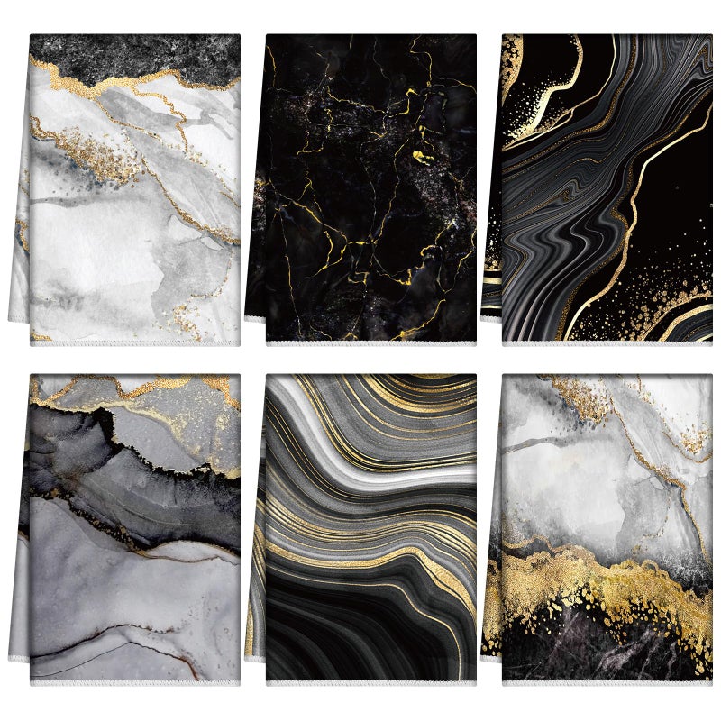 Boyiee Set of 6 Marble Kitchen Towels Gold Black Marble Tea Dish Towels 24 x 16 Inches Modern Absorbent Hand Washcloths Housewarming Gifts for Farmhouse Kitchen Bathroom Decorations